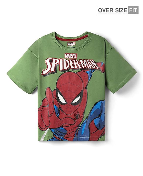Pine Kids Marvel Single Jersey Knit Half Sleeve Drop Shoulder T-Shirt With Spider-man Graphic - Olive Green