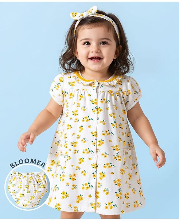 Babyhug Cotton Woven Peter Pan Collar Puffed Half Sleeves Frock Bloomer & Headband With Floral Print - White