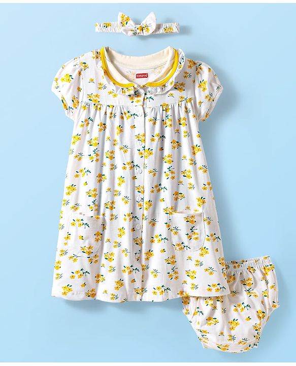 Babyhug Cotton Woven Peter Pan Collar Puffed Half Sleeves Frock Bloomer & Headband With Floral Print - White