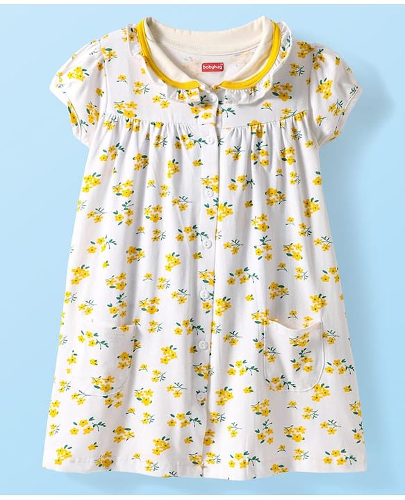 Babyhug Cotton Woven Peter Pan Collar Puffed Half Sleeves Frock Bloomer & Headband With Floral Print - White
