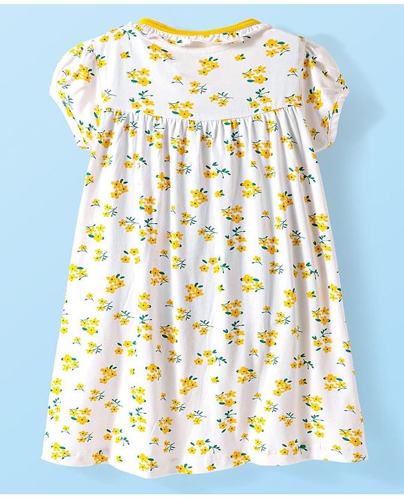 Babyhug Cotton Woven Peter Pan Collar Puffed Half Sleeves Frock Bloomer & Headband With Floral Print - White