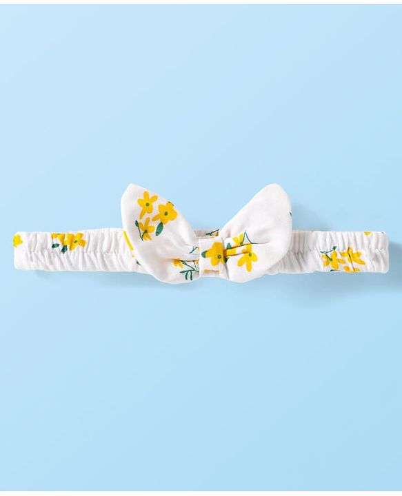 Babyhug Cotton Woven Peter Pan Collar Puffed Half Sleeves Frock Bloomer & Headband With Floral Print - White