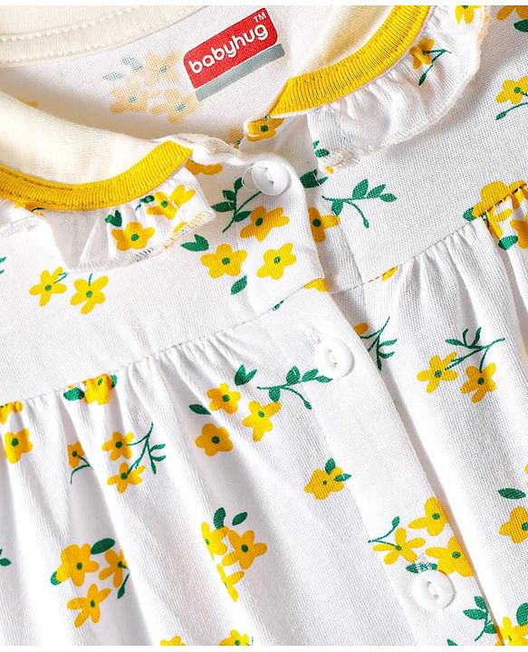 Babyhug Cotton Woven Peter Pan Collar Puffed Half Sleeves Frock Bloomer & Headband With Floral Print - White