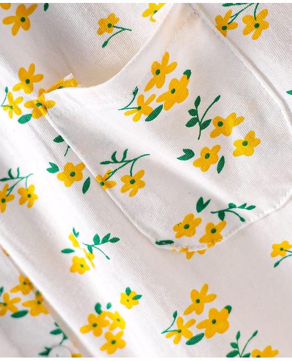 Babyhug Cotton Woven Peter Pan Collar Puffed Half Sleeves Frock Bloomer & Headband With Floral Print - White