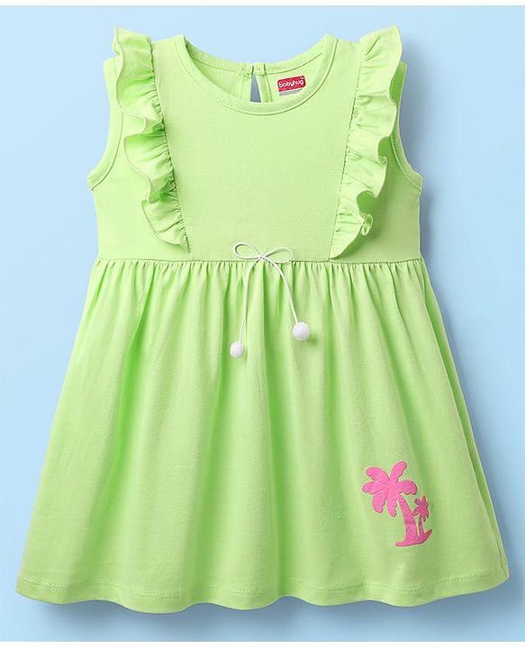 Babyhug Cotton Knit Sleeveless Frock With Tree Print - Light Green