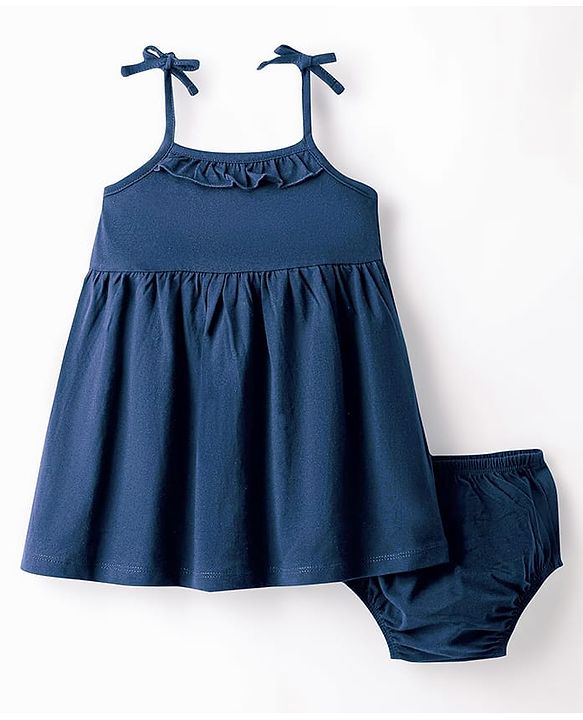 Babyhug Single Jersey Knit Sleeveless Solid Frock With Bloomer - Navy Blue