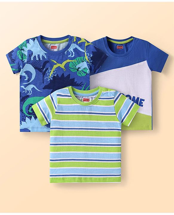 Babyhug Cotton Knit Half Sleeves T-Shirts with Dino Print & Stripes Pack of 3 - Blue & Green