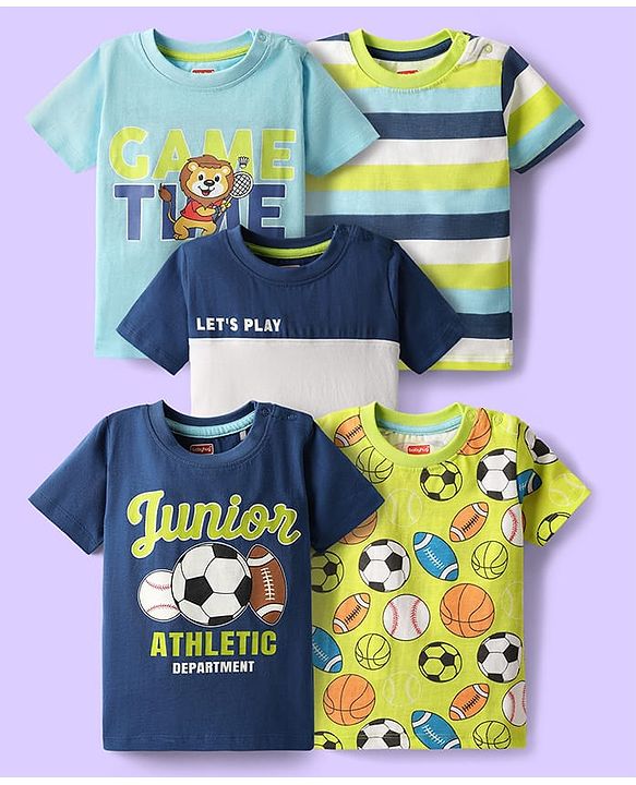 Babyhug Cotton Knit Half Sleeves T-Shirt With Stripes & Game Time Print & Theme Pack Of 5 - Navy Blue & Limegreen