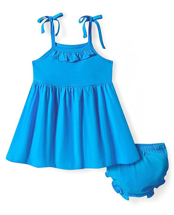 Babyhug Single Jersey Knit Sleeveless Solid Frock With Bloomer - Turquoise Blue