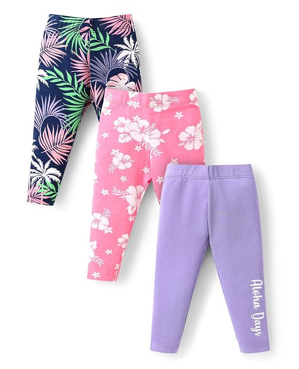 Babyhug Cotton Lycra Knit Full Length Leggings With Floral & Leaves Print Pack Of 3 - Pink Purple & Navy Blue