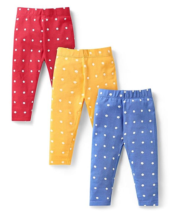 Babyhug Cotton Lycra Full Length Leggings With Polka Dots Print Pack Of 3 - Blue Red & Yellow