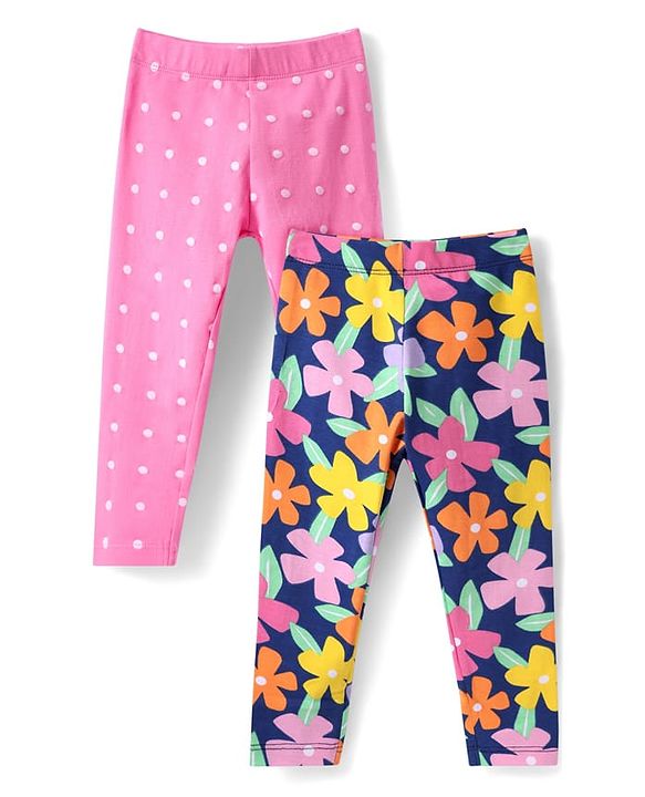 Babyhug Cotton Lycra Full Length Skinny Fit Leggings with Stretch Floral & Polka Dot Print Pack of 2 - Pink & Navy