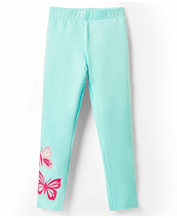 Babyhug Cotton Knit Full Length Leggings with Butterfly Print - Light Blue