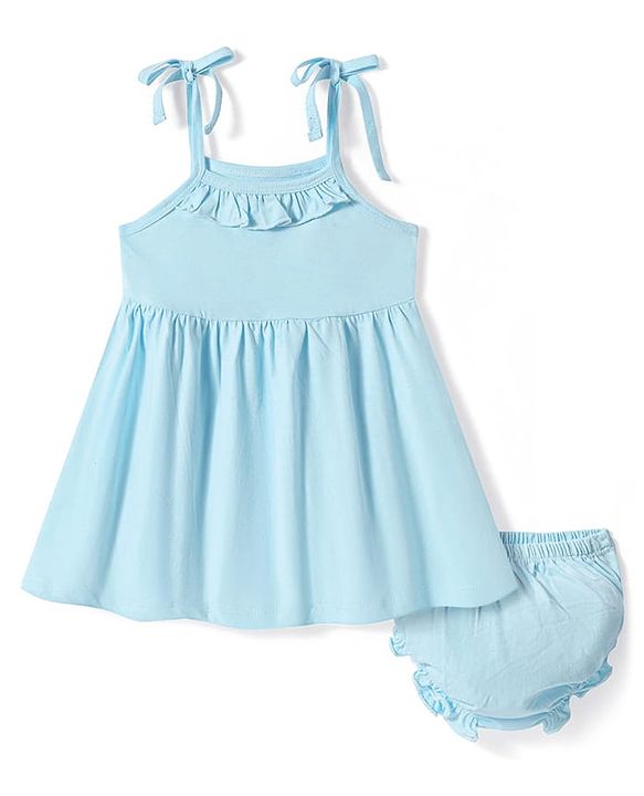 Babyhug 100% Cotton Sleeveless Solid Coloured Frock With Bloomer - Light Blue