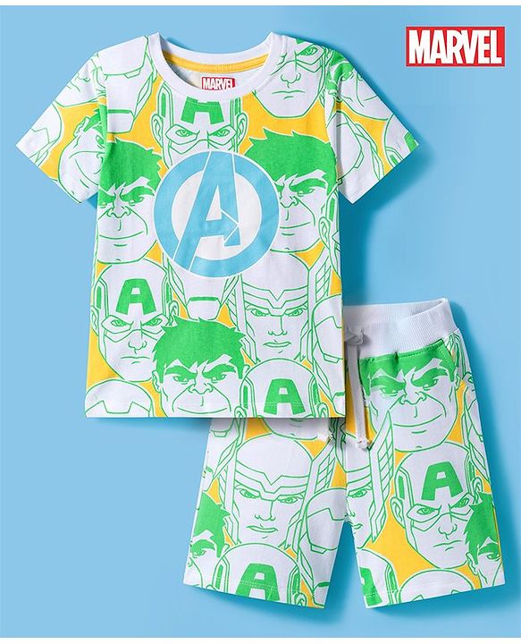 Pine Kids Marvel Single Jersey Knit Half Sleeves T-Shirt & Shorts Set With Avengers Print - Light Green