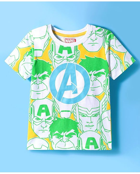 Pine Kids Marvel Single Jersey Knit Half Sleeves T-Shirt & Shorts Set With Avengers Print - Light Green