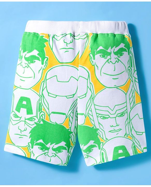 Pine Kids Marvel Single Jersey Knit Half Sleeves T-Shirt & Shorts Set With Avengers Print - Light Green