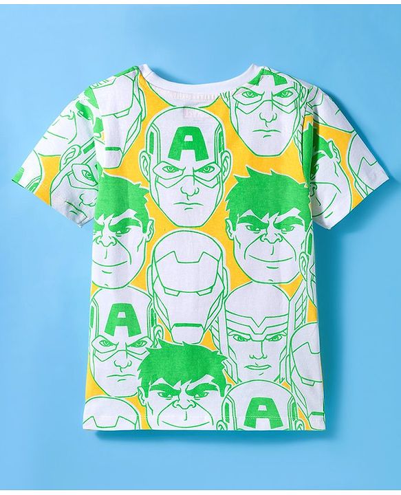 Pine Kids Marvel Single Jersey Knit Half Sleeves T-Shirt & Shorts Set With Avengers Print - Light Green