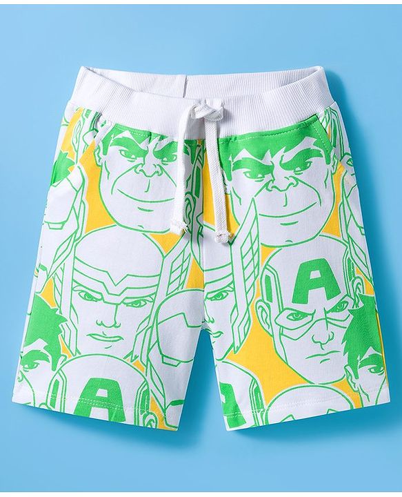 Pine Kids Marvel Single Jersey Knit Half Sleeves T-Shirt & Shorts Set With Avengers Print - Light Green