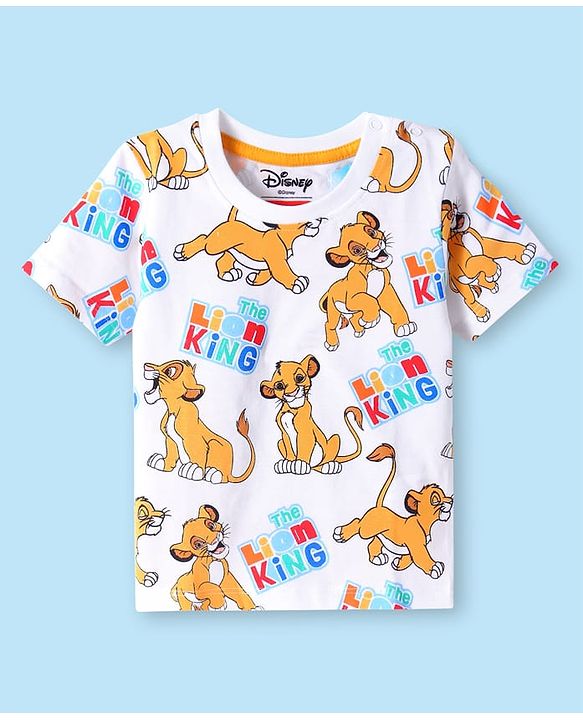 Babyhug Disney Cotton Knit Half Sleeves T-Shirt With Lion King Print - White