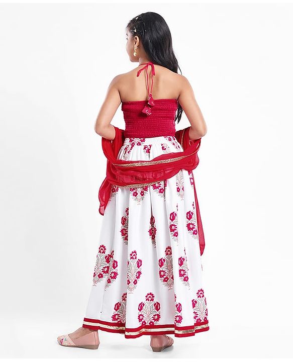 Pine Kids Woven Sleeveless Choli Lehenga  Set & Dupatta with Sequin Design & Floral Print -  Dark Pink