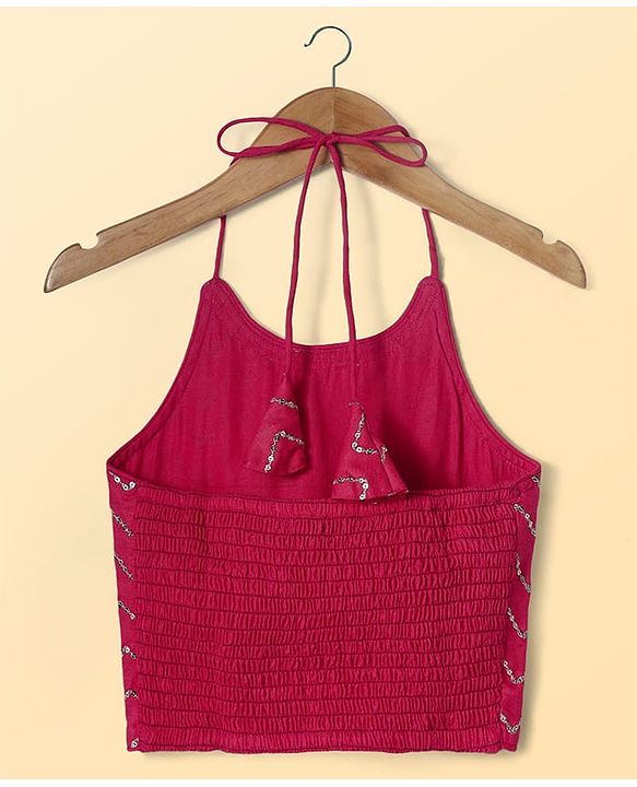 Pine Kids Woven Sleeveless Choli Lehenga  Set & Dupatta with Sequin Design & Floral Print -  Dark Pink