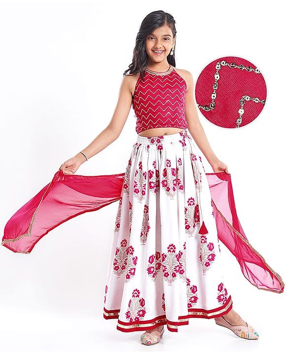 Pine Kids Woven Sleeveless Choli Lehenga  Set & Dupatta with Sequin Design & Floral Print -  Dark Pink