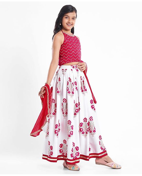 Pine Kids Woven Sleeveless Choli Lehenga  Set & Dupatta with Sequin Design & Floral Print -  Dark Pink