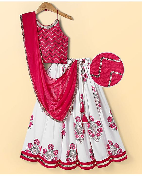 Pine Kids Woven Sleeveless Choli Lehenga  Set & Dupatta with Sequin Design & Floral Print -  Dark Pink
