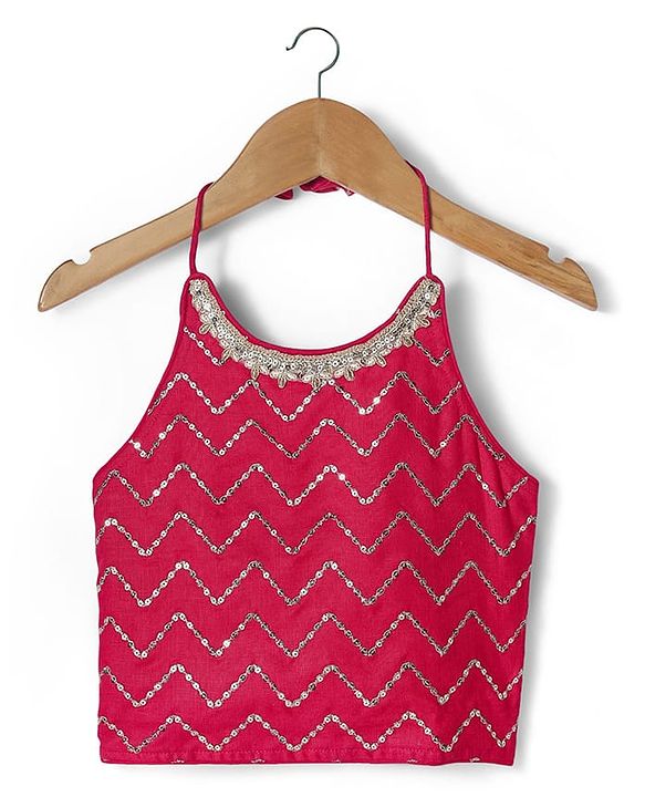 Pine Kids Woven Sleeveless Choli Lehenga  Set & Dupatta with Sequin Design & Floral Print -  Dark Pink