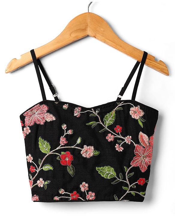 Pine Kids Woven Sleeveless Choli Lehenga Set With Floral Embroidery & Dupatta - Black