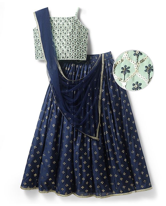 Pine Kids Woven Sleeveless Foil Printed Choli Lehenga Set with Dupatta & Sequin Detailing - Navy Blue