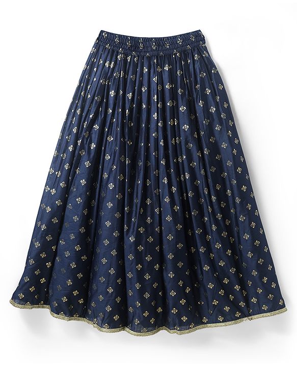 Pine Kids Woven Sleeveless Foil Printed Choli Lehenga Set with Dupatta & Sequin Detailing - Navy Blue
