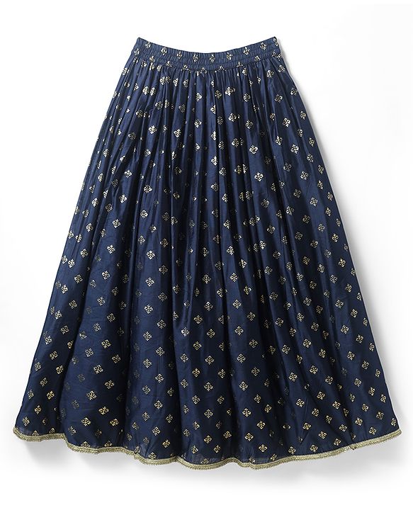 Pine Kids Woven Sleeveless Foil Printed Choli Lehenga Set with Dupatta & Sequin Detailing - Navy Blue