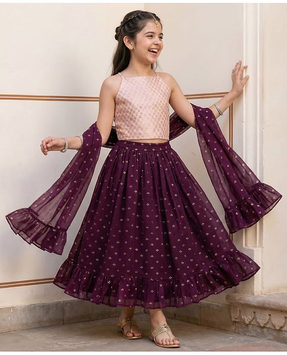 Pine Kids Woven Singlet Sleeves Foil Printed Choli Lehenga Set with Dupatta - Wine