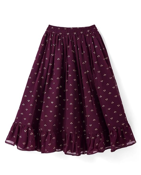 Pine Kids Woven Singlet Sleeves Foil Printed Choli Lehenga Set with Dupatta - Wine