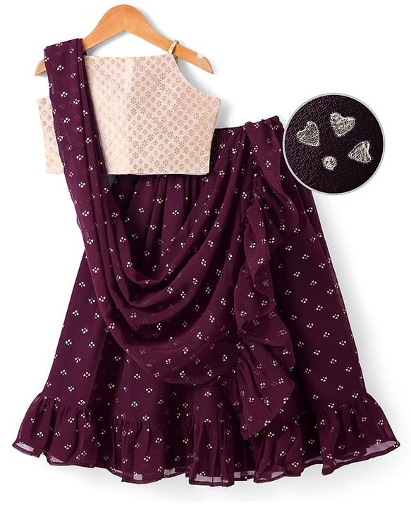 Pine Kids Woven Singlet Sleeves Foil Printed Choli Lehenga Set with Dupatta - Wine