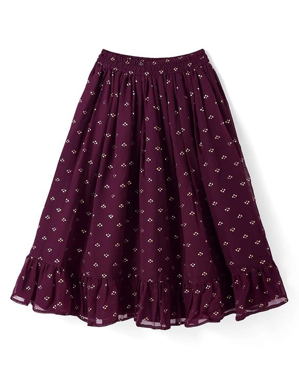 Pine Kids Woven Singlet Sleeves Foil Printed Choli Lehenga Set with Dupatta - Wine