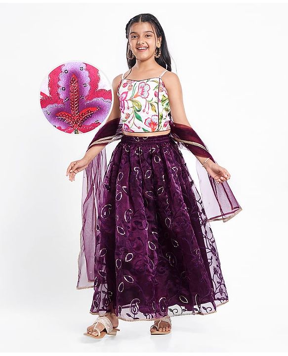 Pine Kids Woven Sleeveless Floral Printed & Embroidery Choli Lehenga Set with Dupatta & Sequin Detailing - Purple