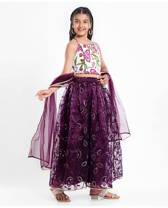 Pine Kids Woven Sleeveless Floral Printed & Embroidery Choli Lehenga Set with Dupatta & Sequin Detailing - Purple