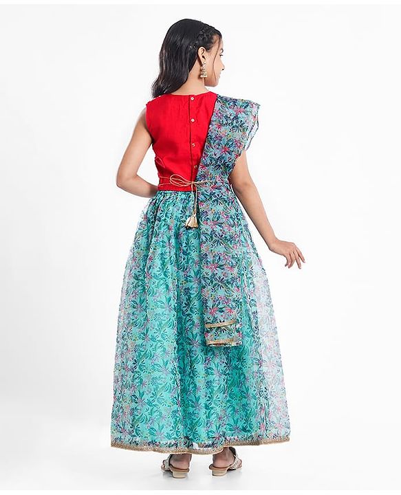 Pine Kids Woven Sleeveless Floral Printed Lehenga Choli & Dupatta Set with Sequin & Lace Detailing - Light Blue & Red