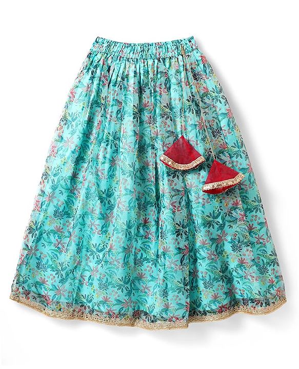 Pine Kids Woven Sleeveless Floral Printed Lehenga Choli & Dupatta Set with Sequin & Lace Detailing - Light Blue & Red