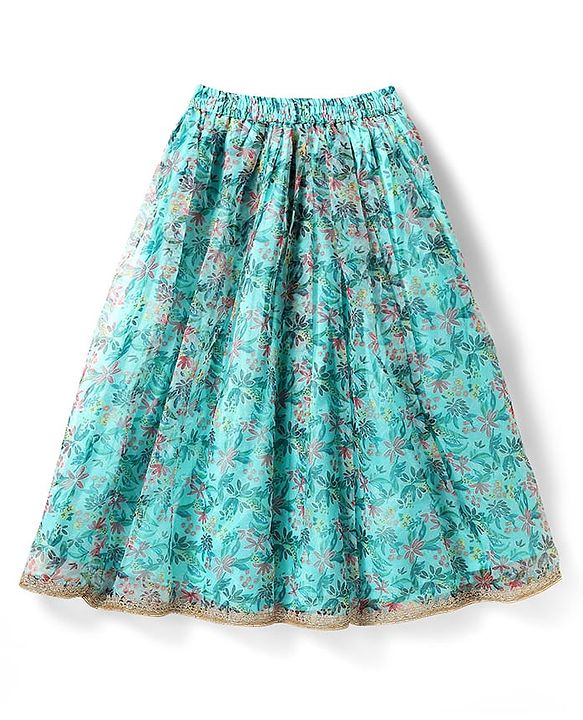 Pine Kids Woven Sleeveless Floral Printed Lehenga Choli & Dupatta Set with Sequin & Lace Detailing - Light Blue & Red