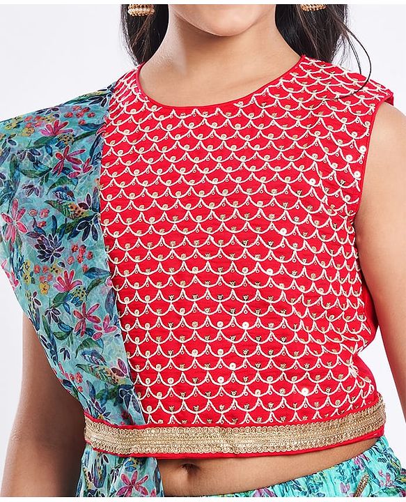 Pine Kids Woven Sleeveless Floral Printed Lehenga Choli & Dupatta Set with Sequin & Lace Detailing - Light Blue & Red