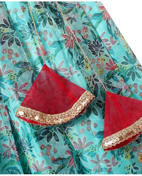 Pine Kids Woven Sleeveless Floral Printed Lehenga Choli & Dupatta Set with Sequin & Lace Detailing - Light Blue & Red