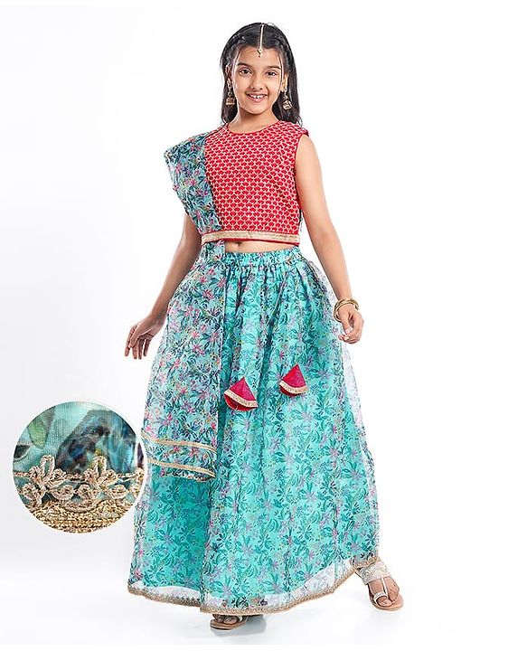 Pine Kids Woven Sleeveless Floral Printed Lehenga Choli & Dupatta Set with Sequin & Lace Detailing - Light Blue & Red