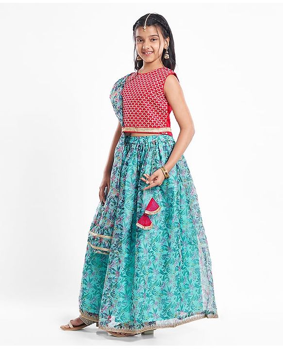 Pine Kids Woven Sleeveless Floral Printed Lehenga Choli & Dupatta Set with Sequin & Lace Detailing - Light Blue & Red