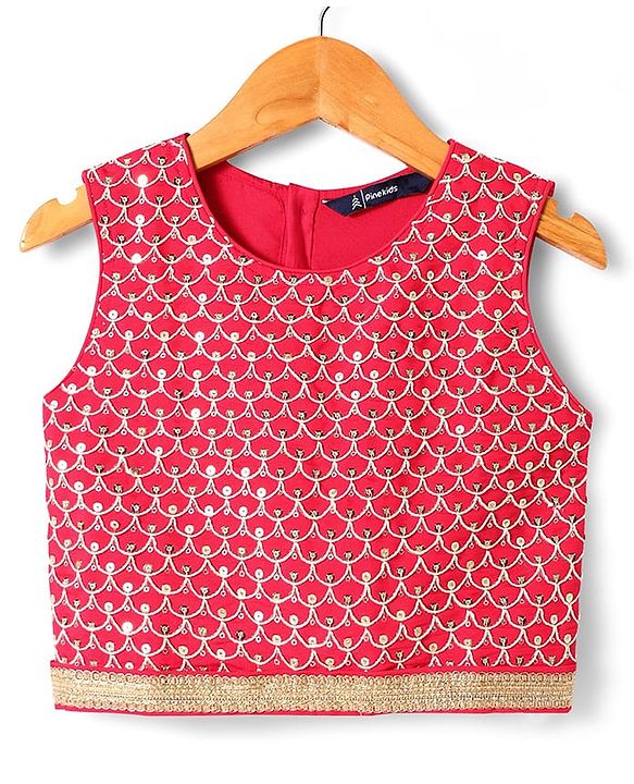Pine Kids Woven Sleeveless Floral Printed Lehenga Choli & Dupatta Set with Sequin & Lace Detailing - Light Blue & Red