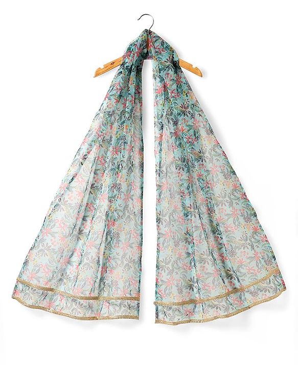 Pine Kids Woven Sleeveless Floral Printed Lehenga Choli & Dupatta Set with Sequin & Lace Detailing - Light Blue & Red