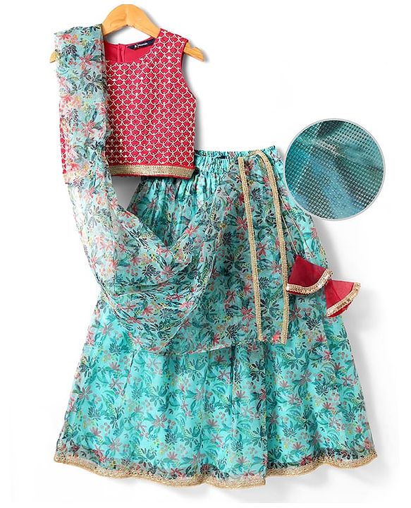 Pine Kids Woven Sleeveless Floral Printed Lehenga Choli & Dupatta Set with Sequin & Lace Detailing - Light Blue & Red